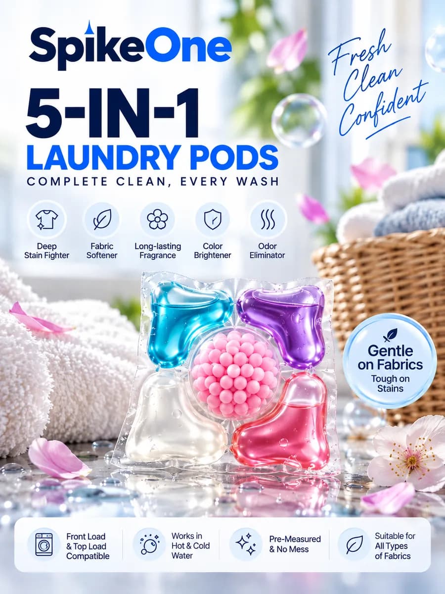 SpikeOne 5-in-1 Laundry Pods poster: complete clean, every wash. Deep stain fighter, fabric softener, long-lasting fragrance, colour brightener and odour eliminator. Gentle on fabrics, tough on stains.