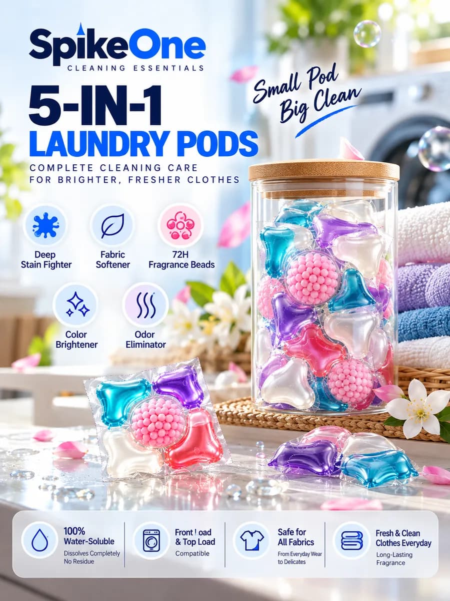 SpikeOne 5-in-1 Laundry Pods poster: deep stain fighter, fabric softener, 72H fragrance beads, colour brightener and odour eliminator. Small pod, big clean. Water-soluble, for front-load and top-load machines.