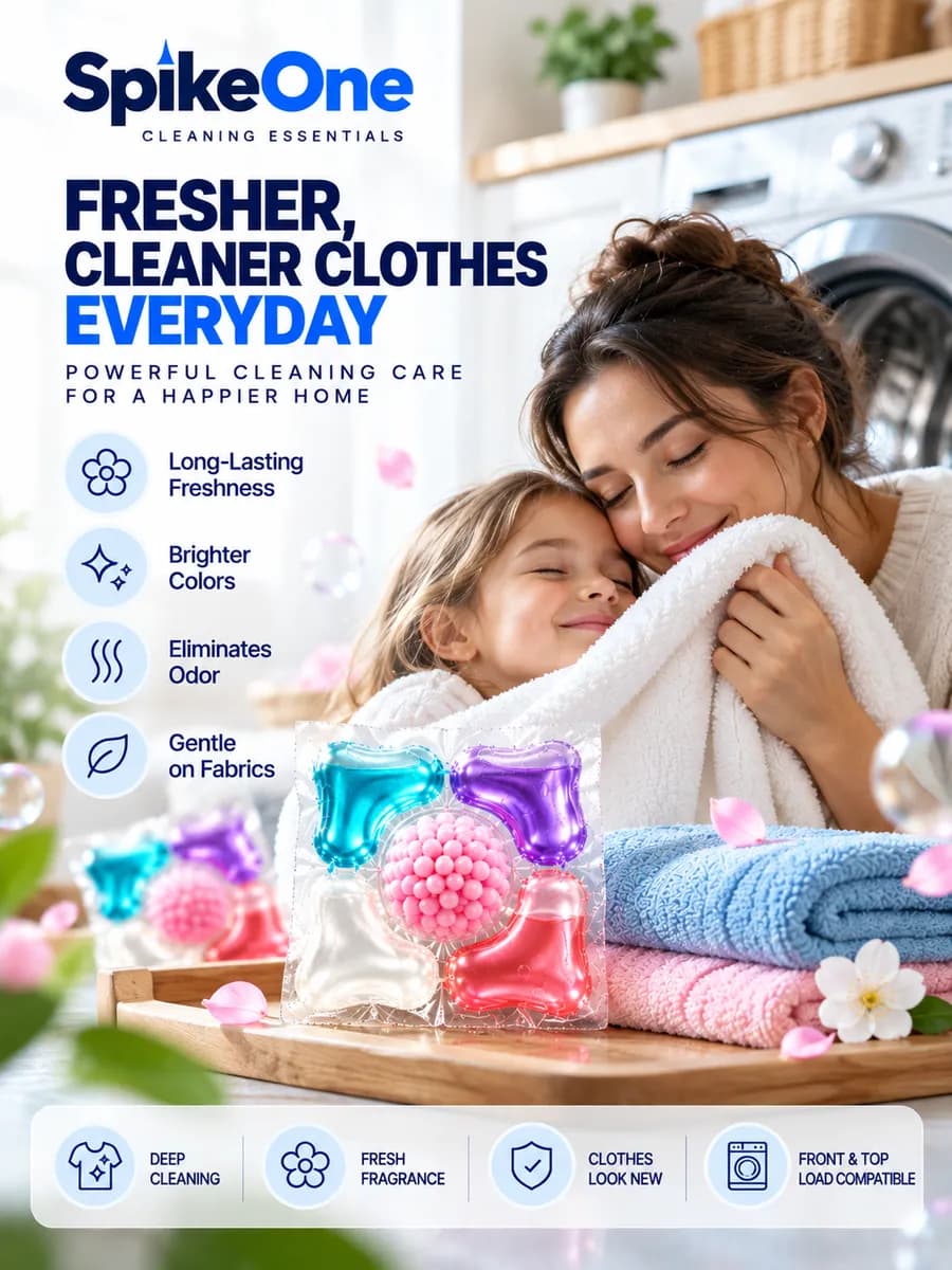 Poster: fresher, cleaner clothes every day. A mother and child hug a fresh towel. Long-lasting freshness, brighter colours, removes odour, gentle on fabrics.